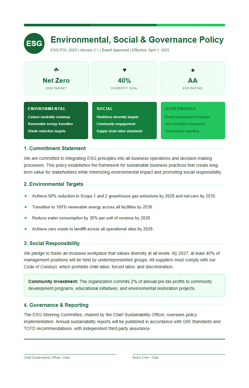ESG sustainability policy with green tones